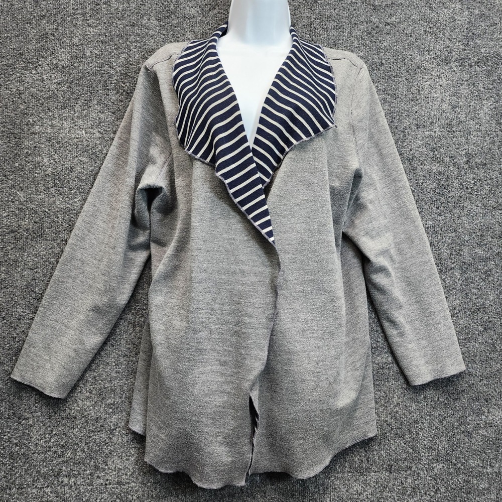 Chico's Weekends Womens Gray Navy Striped Drape Front Cardigan Coastal Size 3 XL